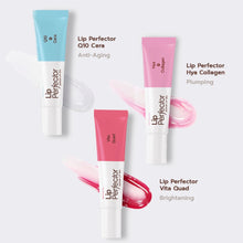 Load image into Gallery viewer, Three Lip Perfector lip serum tubes in light blue, pink, and coral pink are arranged on a light gray background with descriptive text and cosmetic swatches. The text reads: 'More Than Lip Care. Lip Perfector Q10 Cera for Anti Aging. Lip Perfector Hya Collagen for Plumping. Lip Perfector Vita Quad for Brightening. 
