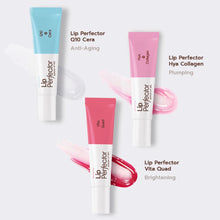 Load image into Gallery viewer, Three Lip Perfector lip serum tubes in light blue, pink, and coral pink are arranged on a light gray background with descriptive text and cosmetic swatches. The text reads: 'More Than Lip Care.
